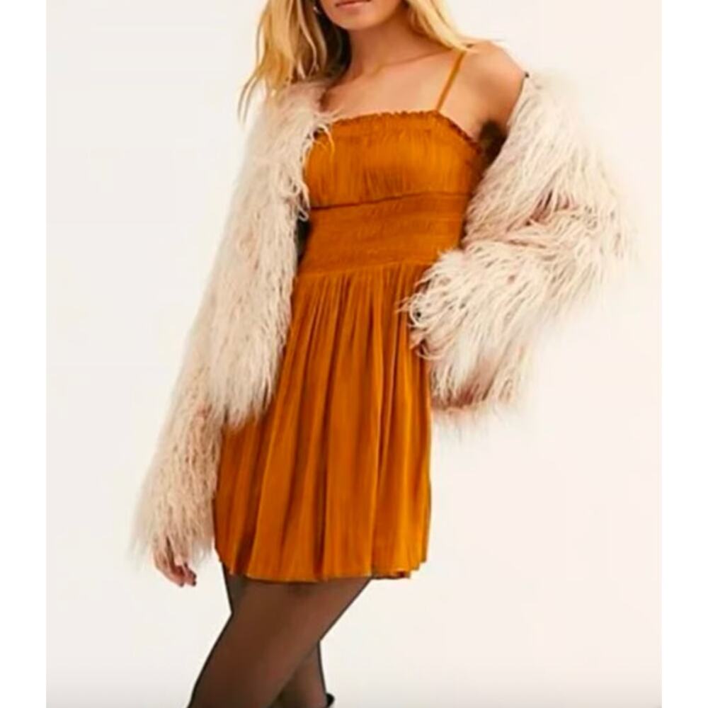Free People Gold Satin Smocked Tie Back Spaghetti strap Mini Slip Dress Small